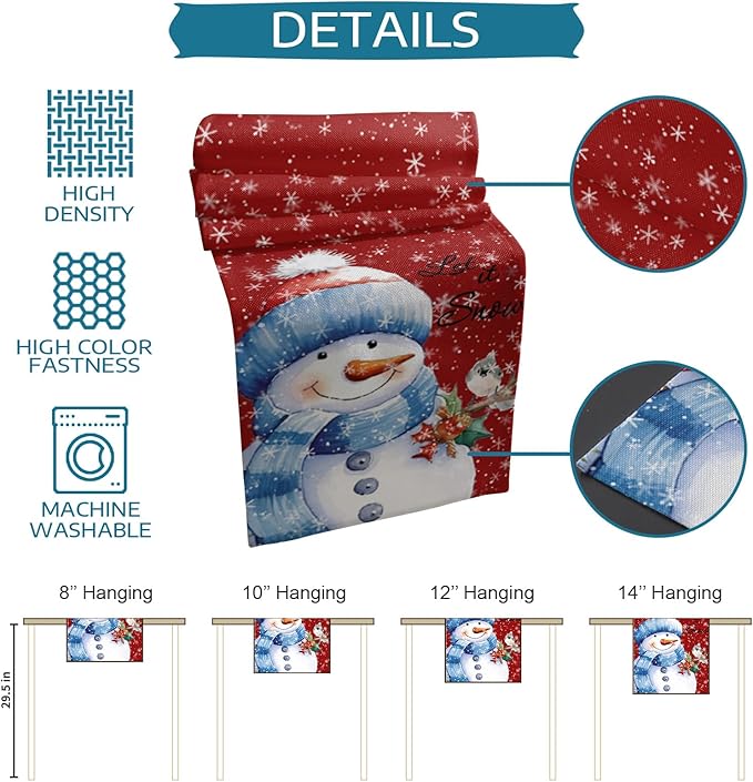 Snowman Christmas Table Runner - 90 Inch Long, Red Xmas Winter Snowflake Dining Table Runner Dresser Scarves, Rustic Let Snow Bird Christmas Decor for Coffee Table Wedding Party Banquet, 13x90 in