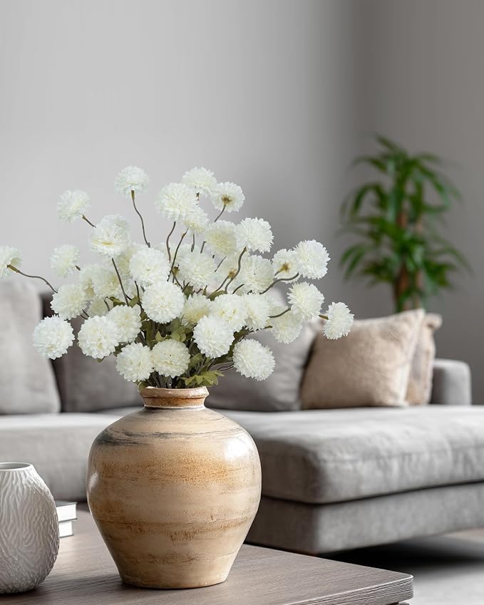 DuHouse 6pcs Artificial Flowers Faux Silk Pompon Mum,Artificial Kiku Flower White for DIY Wedding Bouquets Centerpieces Vase Home Table Kitchen Decorations(Ivory White)