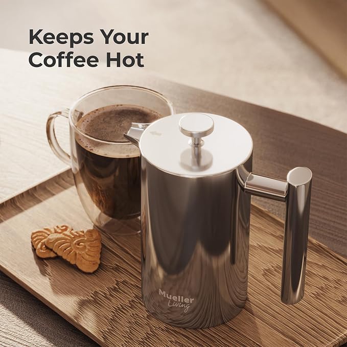 MuellerLiving French Press Coffee Maker 20oz, Stainless Steel French Press Coffee, 4 Filter Heat Resistant Double Insulated, Rust-Free, Food Grade, Dishwasher Safe Coffee Pot | 20oz | Stainless Steel | 4 Filter Heat Resistant Double Insulated | Rust-Fr...