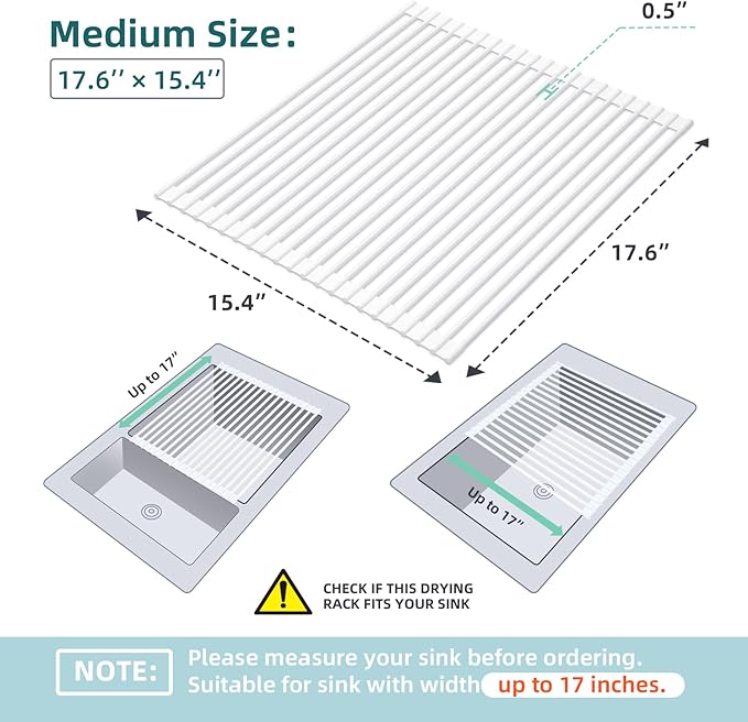 Ohuhu Over Sink Dish Drying Rack, 17.6" W x 15.4" L Roll Up Dish Racks Kitchen Sink Organizer Silicone Wrapped Large in Sink Dish Drying Rack Foldable Rolling Drain Mats Anti-Slip