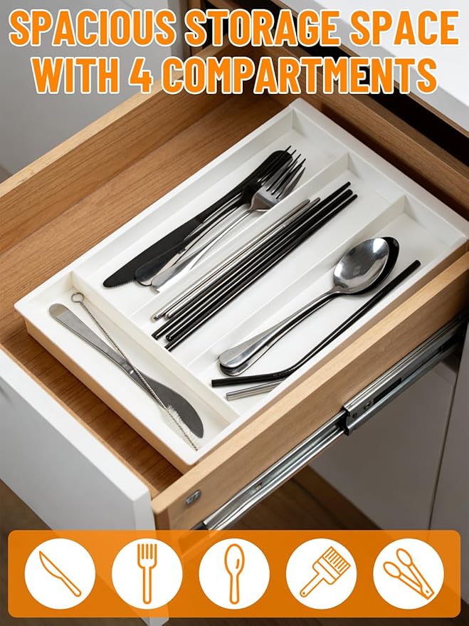 Silverware Drawer Organizer Tray, Adjustable Small Utensil Holder for Spoon and Fork, Expandable Flatware Cutlery Tray for Kitchen Drawers (Cream)