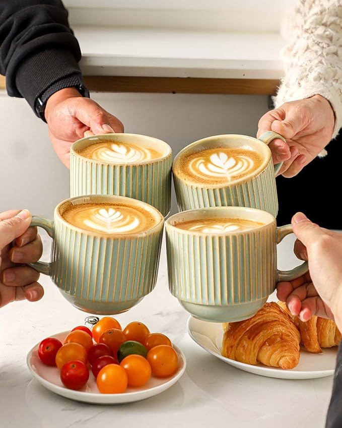 HASENSE Ceramic Coffee Mugs Set of 4 with Rack - 15 oz Stackable Large Porcelain Ribbed Latte Cup Set for Cappuccino, Tea, Hot Cocoa, Drinks - Dishwasher & Microwave Safe, Green Earth
