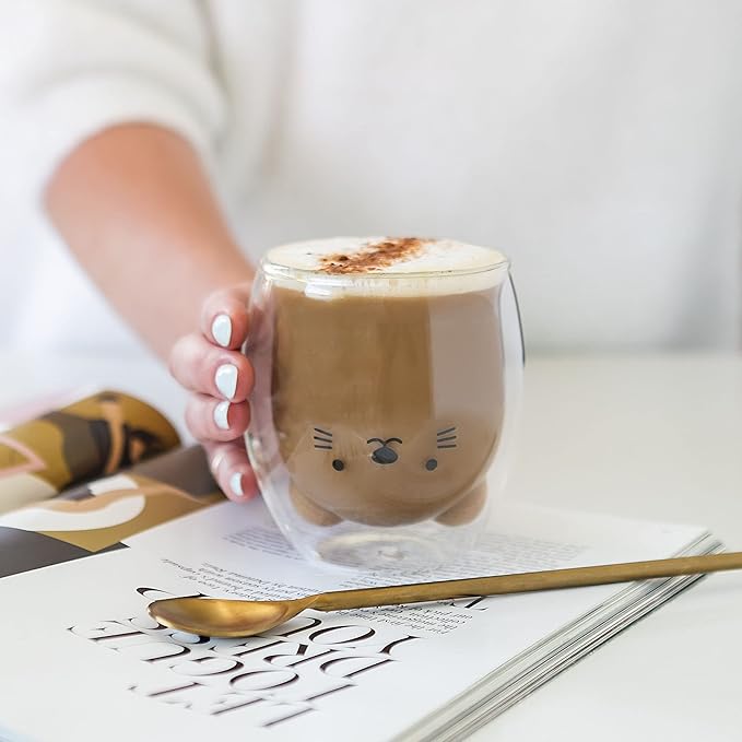Lily Anne Boutique Cute Glass Drinking Cups - Cat,Duck,Dog,or Bear Double Wall Glass Cup - Use as a Glass Coffee Cup,Tea Cup,Cocktail Cup,or Milk Cup - Large 12.6oz Cups (Cat)