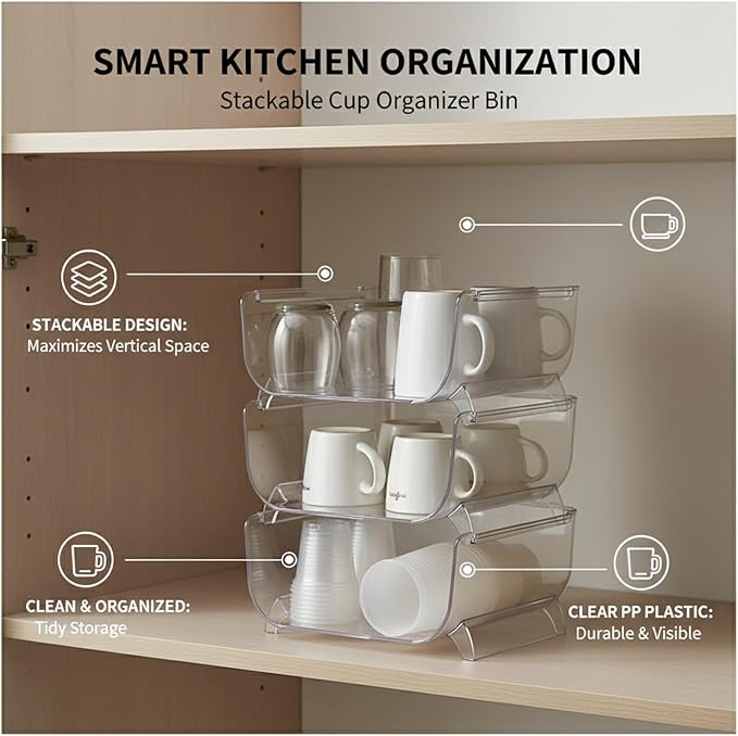 Clear Stackable Cup Organizer Bin, Vertical Storage Container for Kitchen Cabinets & Pantry, Durable PP Plastic