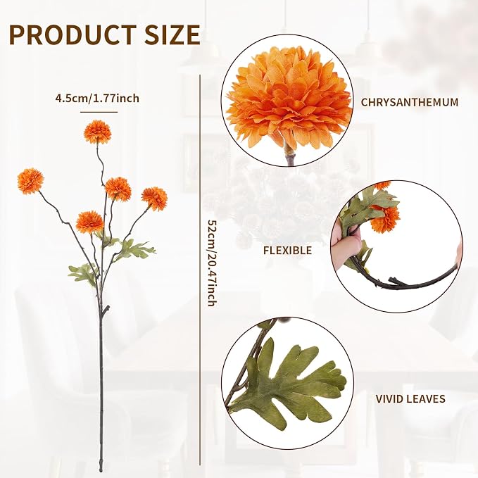DuHouse 6pcs Artificial Flowers Faux Silk Pompon Mum,Silk Small Mini Chrysanthemum Ball with Stems for DIY Bouquets Centerpieces Vase Home Table Kitchen Decorations(Orange)