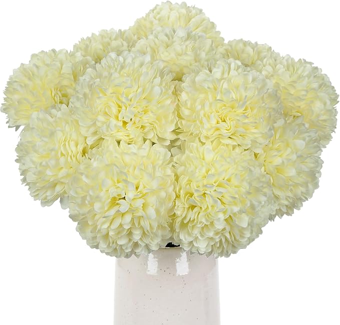 Briful 12 Pcs Artificial Cream White Chrysanthemum Stems – 11” Tall Silk Mums Flower Heads with Green Leaves, Flexible Stems for Fall Floral Pick Arrangements, Home, Wedding & Seasonal Decorations