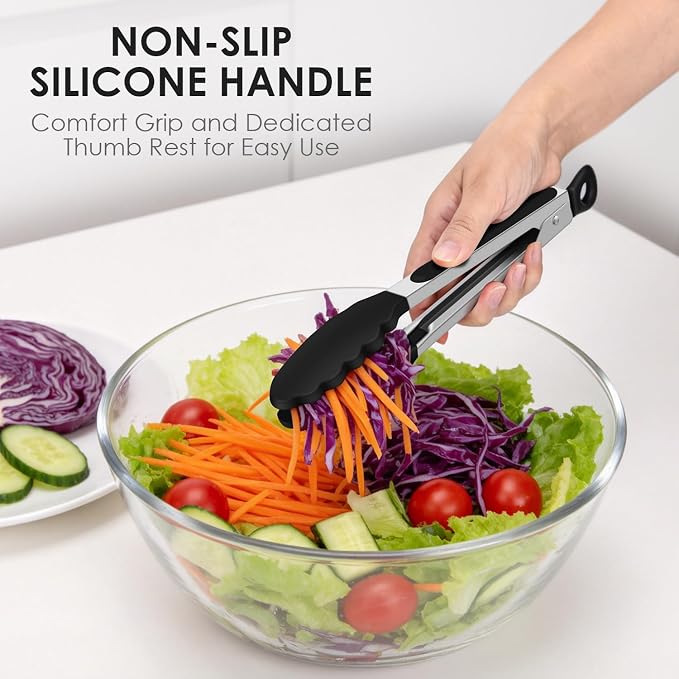 HOTEC Silicone Kitchen Tongs Set of 2-9" and 12" Locking Stainless Steel Cooking Tongs with Silicon Tips Non-Scratch Heat Resistant 600°F for BBQ, Grill, Air Fryer & Serving