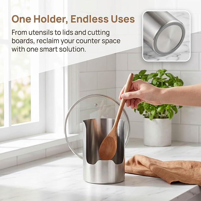 Multi-functional Kitchen Utensil Holder, Heavy Duty Stainless Steel Countertop Organizer for Pot Lids, Spatulas, Ladles and Cutting Boards, Vertical Spoon Rest Rack with Lid Storage (2Pcs)