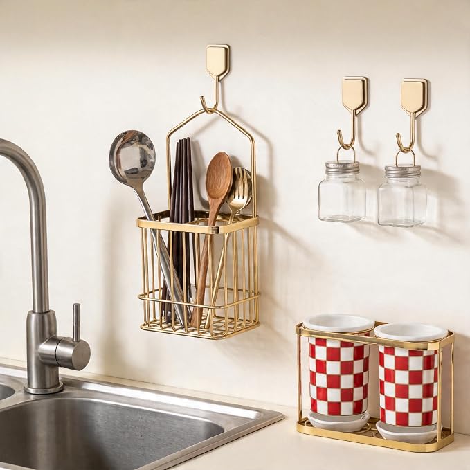 Ceramic Checkered Utensil Crocks with Gold Metal Rack, Black & White Grid Kitchen Utensil Storage, Farmhouse Kitchen Decor, Flatware Organizer & Home Accessory (Red)
