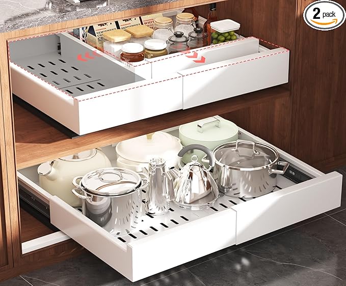 Seinloes Pull Out Cabinet Organizer,4-Side Expandable to Maximize Cabinet Space,Slide Out Drawers with 3 Rail Design,Roll Out Shelf with Raising Pad for Framed Cabinet,13"-21"W x 13"-17"D,White,2 Pack