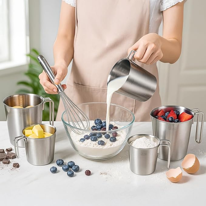 Newness 5 Pack Stainless Steel Measuring Cups Set (3 Marking Including Cup/ML/Oz Scale)(2, 3, 4, 6 & 8 Cup) Metal Measuring Cup with Handle For Prepping, Baking and Cooking, Dishwasher, Microwave Safe