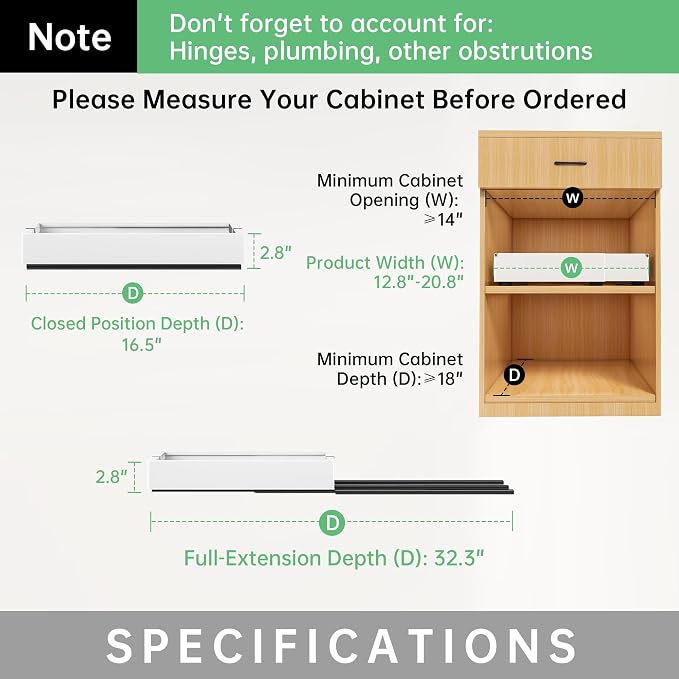 Pull out Cabinet Organizer, 1 pack, 16.5" Deep Heavy Slide out Drawers, Upgrade Three Triple-Slide Rail Systems, Expandable 12.8"-20.8" Roll out Shelf Storage for Kitchen Base Cabinet Organization