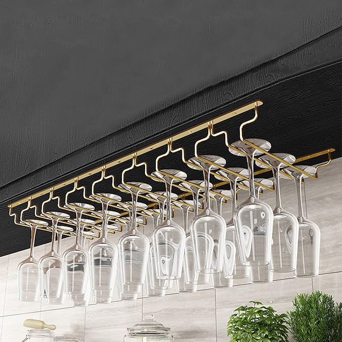 Gold Wine Glass Rack Hanging Metal 304 Stainless Steel Under Cabinet Shelf Stemware Racks Wine Champagne Goblets Holder for Kitchen Bar Pub (Size : 91x28x5.5cm)