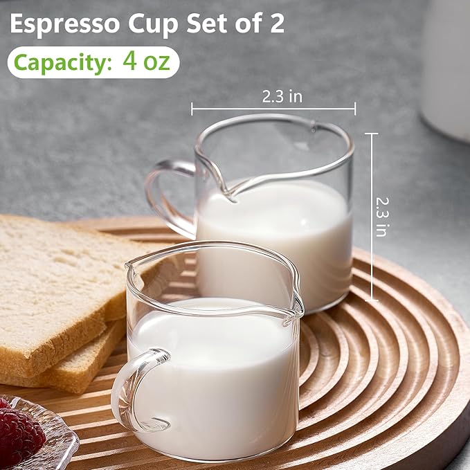 Espresso Cups Set of 2, 4 oz Double Spouts Cup, Espresso Shot Glasses with Handle, V-Shaped Spout Milk Cup, Borosilicate Glass, Mini Clear Glasses for Coffee Bar, Machine Accessorie
