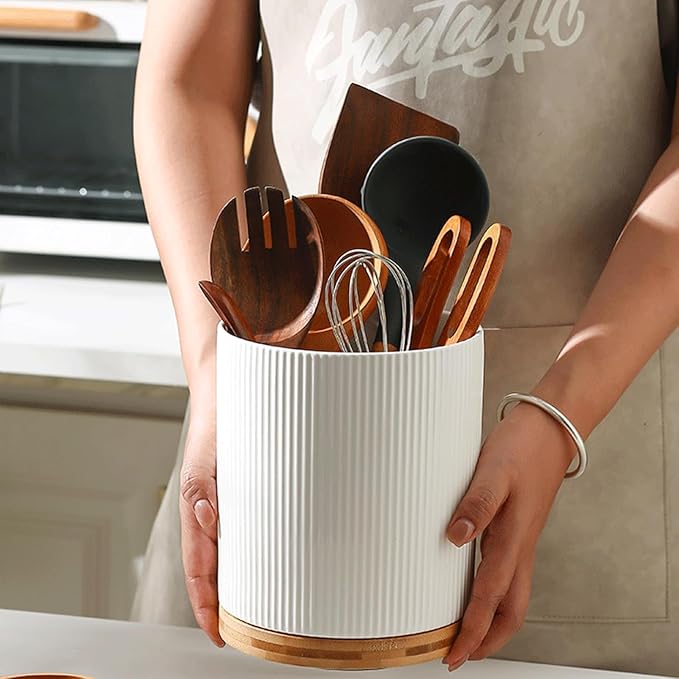 KSENDALO Large 360° Rotating Utensil Holder, Cream Milk White 7.76" Kitchen Crock for Cooking Utensils, Durable Countertop Storage for Home Kitchen
