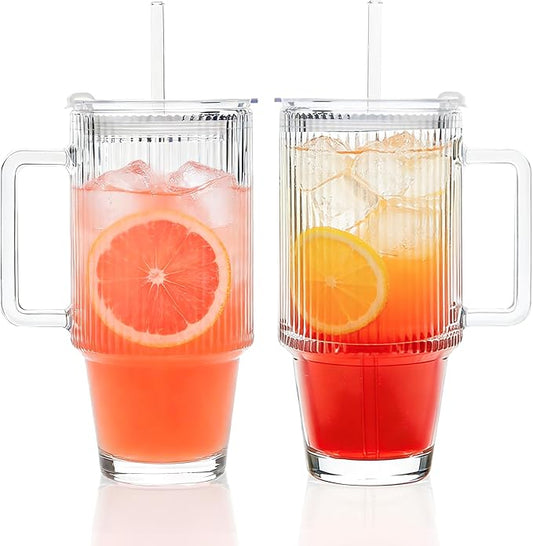 24 oz Ribbed Glass Cups with Lids and Straws Handle Iced Coffee Glass Tumbler with Plastic Lid Leak Proof Vintage Drinking Glasses for Juice Smoothie Tea(Ribbed*2)