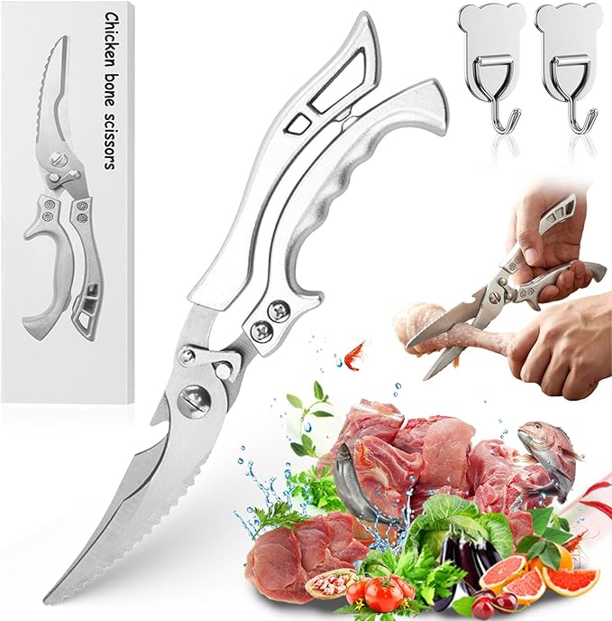 Upgrade Stainless Steel Bone-Cut Kitchen Scissors, Heavy Duty Kitchen Scissors, Professional Poultry Shears with Spring Loaded Handle for Bone, Meat, Chicken, Fish, Turkey, Vegetables (#B)