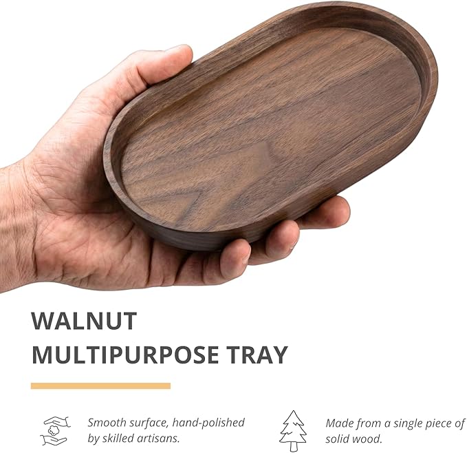 Vandroop Wooden Mini Serving Tray for Parties, Tea&Coffee Table Tray, Small Oval Wood Plate for Fruit&Snacks, Decorative Tray for Jewellery Key Coin, Tray for Bathroom (Walnut, 7.8”×4.66”)