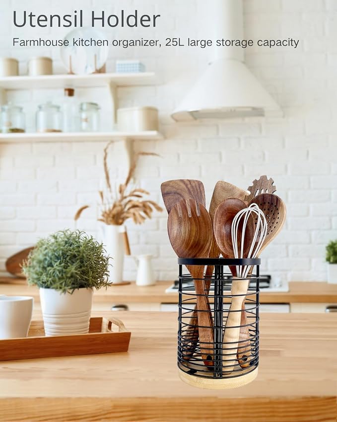 7.2“ Kitchen Utensil Holder with Removable Dividers, Large Countertop Organizer for Cooking Tools, 4 Partitions Mesh Utensil Holder with Bamboo Base ,Matte Black