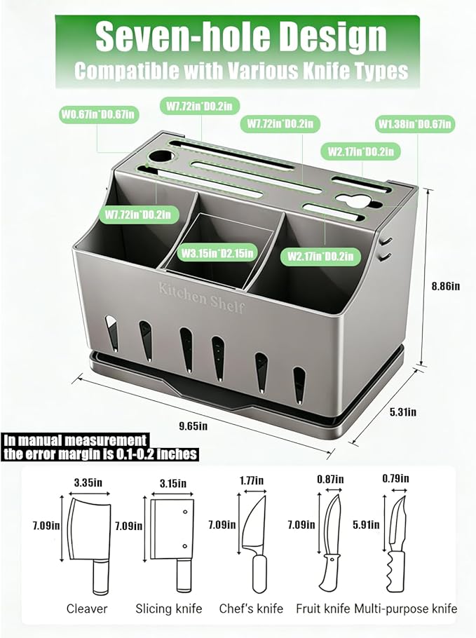 Stainless Steel Universal Knife Holder & Utensil Organizer - Countertop Knife Storage Stand, Detachable Knife Block for Kitchen Counter Knife Storage Rack Organization, Classic Gray Coating