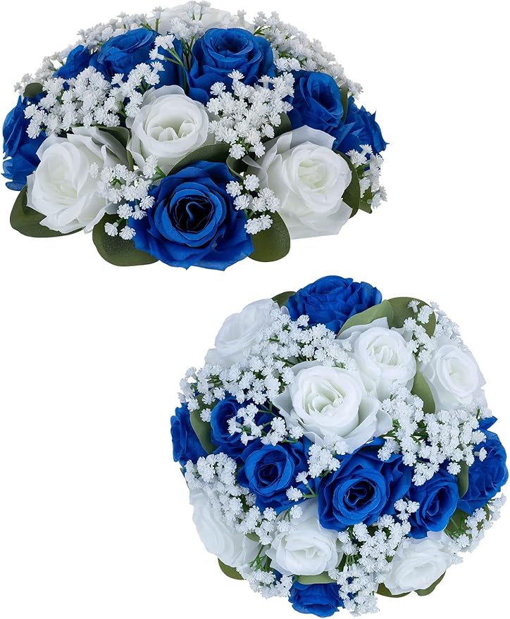 BLOSMON Fake Flowers Ball Wedding Centerpieces 2 Pcs Royal Blue Rose Babys Breath Artificial Flower Center Pieces Decoration for Table Faux Silk Floral Bouquet Arrangements for Home Party DIY Decor