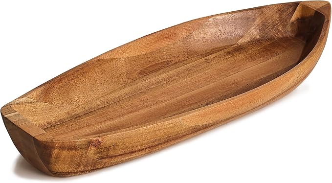 Lucky Boat Serving Tray, Acacia Solid Wood Interesting Shape Plate for Serving Desserts, Fruit, Snack and House Ornament,Key Tray,Functional and Storage Decorative Bowl。(L)