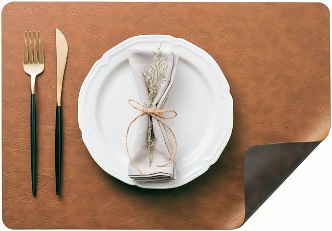 Placemats Set of 4, DOLOPL Reversible Dual-Color Faux Leather Place Mats 17"x11.8"– Waterproof, Heat Resistant, Washable & Wipeable, Luxury Retro Style for Kitchen Dining Table (Reddish Brown & Brown)