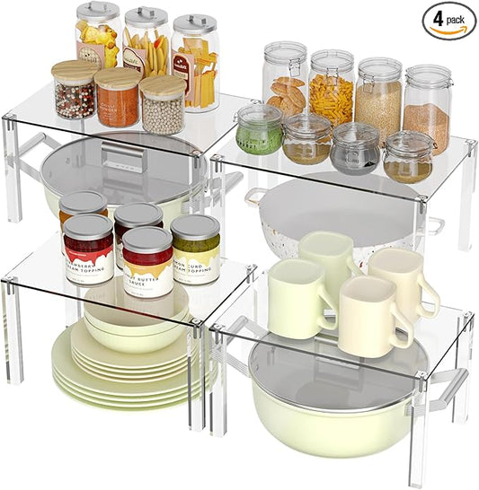 Acrylic Cabinet Organizer, Set of 4 Stackable Spice Rack for Kitchen Organizer Storage Countertop Spice Organization for Cabinet Display Shelves(Clear)