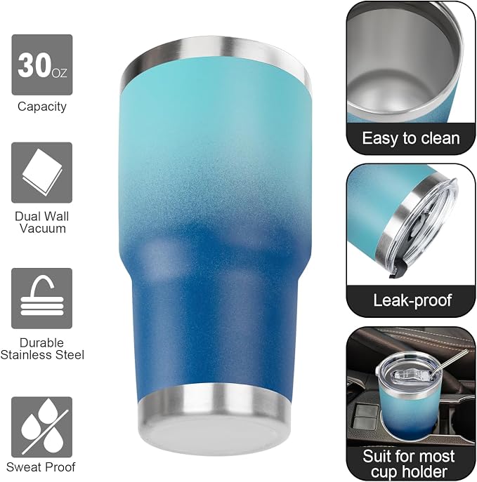 30 oz Tumbler with Lids and Straws Double Wall Vacuum Insulated Tumbler Cup,Stainless Steel Leak-proof Thermal Tumbler Travel Coffee Mug for Cold and Hot Drinks,Gradient Blue