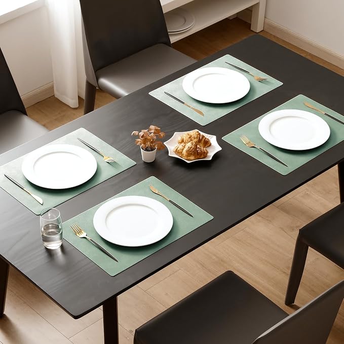 MOSAYT Vinyl Placemats Set of 6-12 X 17 Inch - Faux Leather 100% Waterproof Oil-Proof Wipeable PU Place Mats, Heat Resistant Reversible Table Mats for Kitchen, Dining, Outdoor, Green