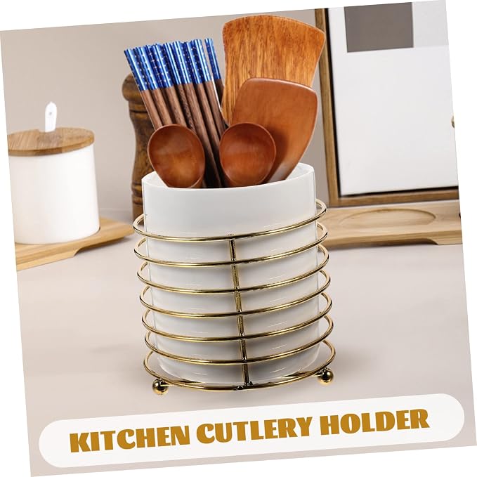 PRETYZOOM Ceramic Cutlery Organizer with Detachable Iron Wire Large Kitchen Spoon Holder for Chopsticks and Utensils Stylish White and Gold Design for Desktop Use