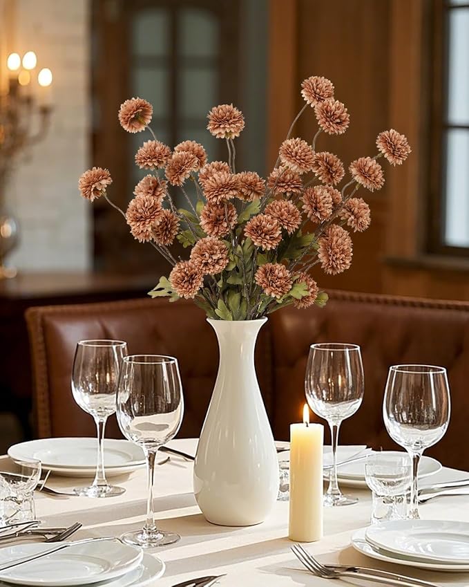 DuHouse 9pcs Artificial Flowers Faux Silk Pompon Mum,Silk Small Mini Chrysanthemum Ball with Stems for DIY Wedding Bouquets Centerpieces Vase Home Table Kitchen Decoration(Coffee)