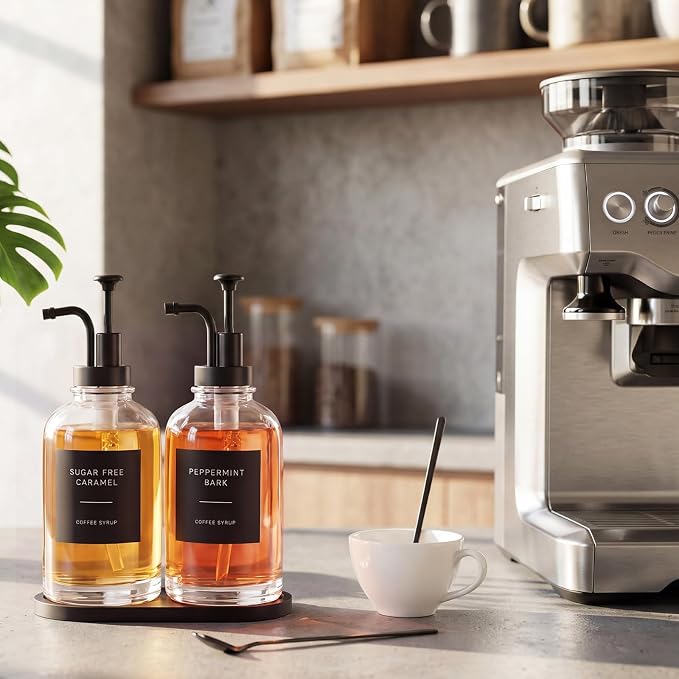 Remerry 2 Pcs Coffee Syrup Dispenser 16.9oz 500ml Glass Syrup Dispenser with 4 Spoons, 36 Labels and Bamboo Tray, Glass Bottles with Pump for Coffee Accessories (Black)