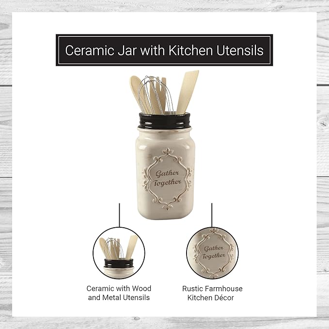 Young's Inc Farmhouse Ceramic Kitchen Tool Holder with Wooden Utensils, Decorative Gather Together Mason Jar Organizer for Kitchen Tools,10.5"