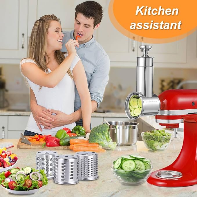 Large Stainless Steel Slicer Shredder Attachment for KitchenAid Mixers,Dishwasher Safe Vegetable Cheese Grater Accessories with 4 Cutting Blades by KINGEAGLE