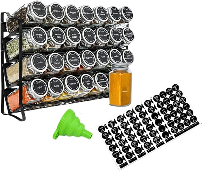 28-Jar Spice Rack Organizer with 4-Tier Metal Stand | Complete Set with Glass Jars, Labels & Funnel | Space-Saving Kitchen Spice Storage (Wall or Countertop Mount)