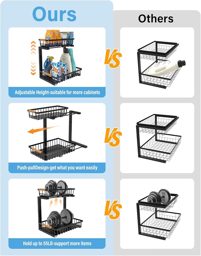 Hahaemall Under Sink Organizer for Bathroom Storage: Pull Out Storage Undersink Organizers Drawer - Sliding 2 Tier Rack Metal Organization Under Counter Kitchen Cabinet for Families, 2 Pack