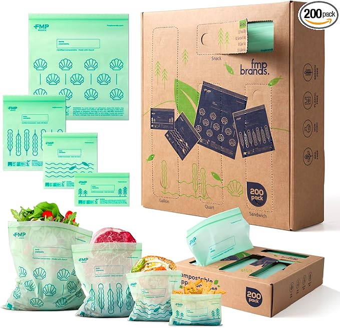 Fit Meal Prep 100% Compostable Food Storage Bags Set, Resealable Bags Plant-Based Freezer Bag for Food, ASTM D6400, US BPI & EU OK Compost Certified