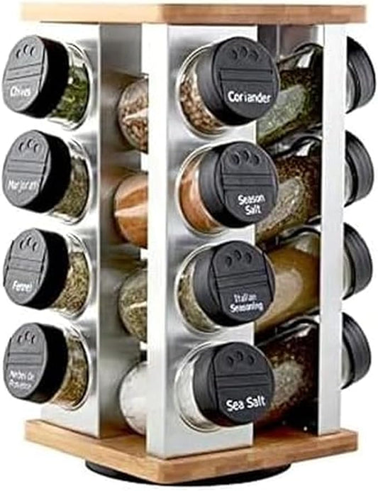 Kamenstein 16 Jar Warner Revolving Countertop Spice Rack Organizer with Lift & Pour Caps and Spices Included, FREE Spice Refills for 5 years, Stainless Steel & Bamboo with Black Caps