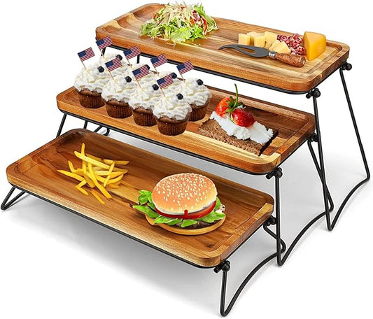 Eco-Friendly Cupcake Stand Cheese Charcuterie Boards Food Platter Serving Tray Acacia Wooden Tower Dessert Table Display Set 3 Tiered Decor Small Rustic Wood Platter Trays Family Parties