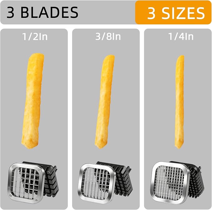 3Pcs French Fry Cutter, ZSCOOKLY Heavy Duty Potato Slicer Cutter Stainless Steel with 1/2-Inch and 1/4-Inch and 3/8-Inch Blade Great for Potatoes Carrots Cucumbers.