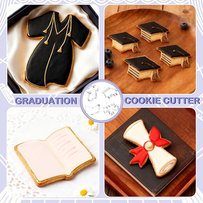 Graduation Cookie Cutters Set 4 Pieces, Stainless Steel Graduation Cap, Diploma, Graduation Gown, Cookie Cutters for Graduation Celebration Party
