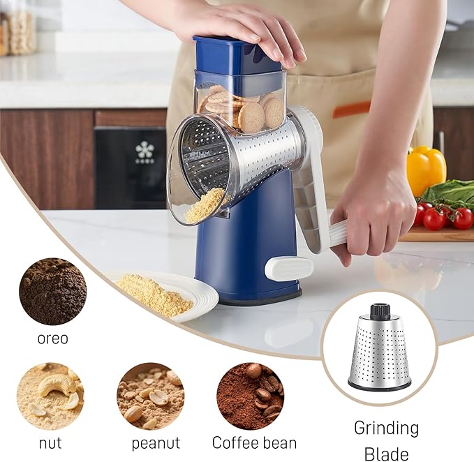 Weltonhm Rotary Cheese Grater with 4 Blades, Large Hand Crank Cheese Grater with Waffle Slicer, Blue Cheese Shredder with Suction Base, Easier for Shredding& Grating (Blue, 4 Graters)