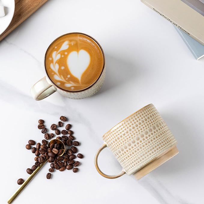 GBhome 16OZ Stackable Coffee Mugs, Ceramic Coffee Mugs with Texture Patterns for Man,Woman,Dad,Mom, Modern Coffee Mugs Set of 4 for Latte/Cappuccino/Cocoa. Dishwasher&Microwave Safe