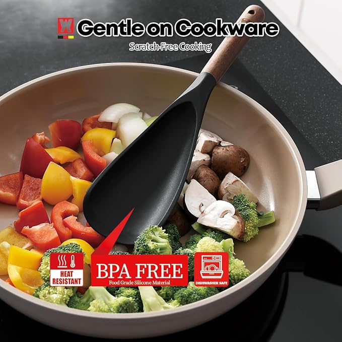 WAGENSTEIGER Set of 2pc Silicone Cooking Utensils: Wooden Handle Ladle + Long Head Serving & Cooking Spoon, Heat Resistant, BPA Free, Scratch-Resistant Surface Design