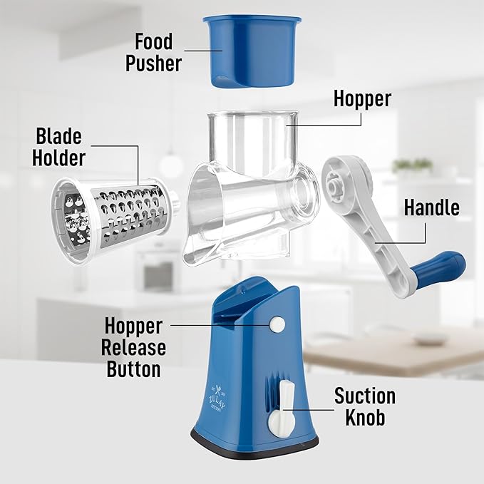 Zulay Kitchen Rotary Cheese Grater 5 Blade Cheese Shredder - Manual Hand Crank Cheese Grater With Reinforced Suction & 5 Interchangeable Drums - Easy to Use, Vegetable Chopper Round Mandoline Slicer