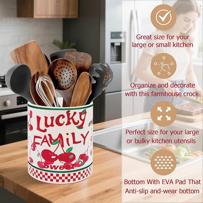Cherry Kitchen Decor, 6.5inch Ceramic Utensil Holder with Cherry Design, Rustic-Style Indoor Kitchen Utensil Storage Rack, Ideal for Spoon Storage and Cooking Tools, Gift for Kitchen Organizers