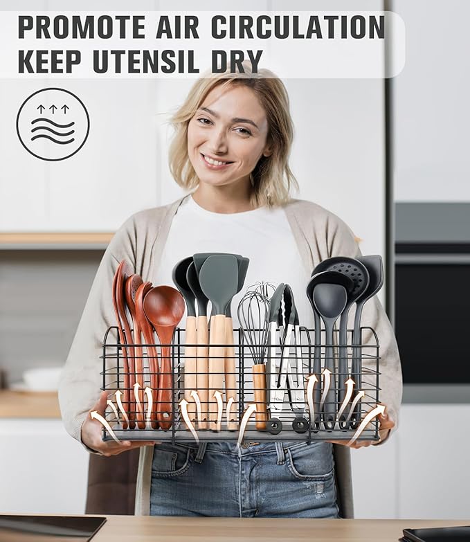 Extra-Large Kitchen Utensil Holder with Diatomaceous Earth Base, 4-Compartment Organizer for Cooking Tools, 15.7"x 6.7"x 4.4", Dries moisture quickly, Aesthetic Matte Black Design for Kitchen Counter