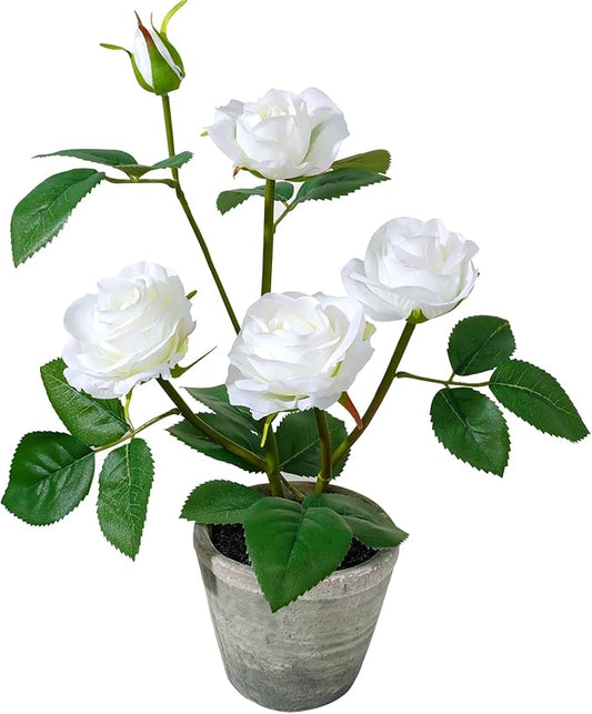 Rose in Pot Decor Potted Artificial Flowers Mini Plants Faux Flowers Indoor Small Decor Fake Roses for Home, Bathroom, Kitchen, Offices, Wedding Party Centerpieces (Rose White)