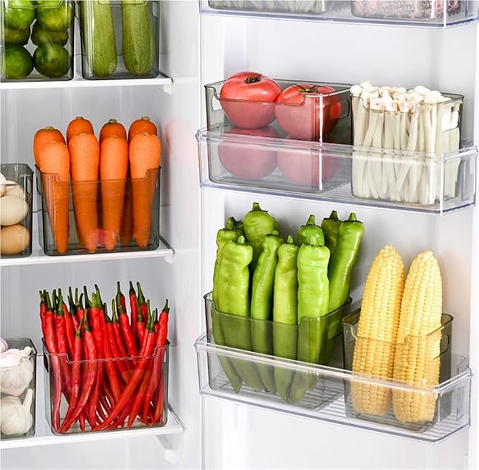 Crystal Clear Freezer Storage Bins, Clear Plastic Bins for Refrigerator and Pantry,4 Pack Stackable Kitchen Organizer with Handles,for Frozen Food Meat Veggies Snacks(Green(2S+2L))